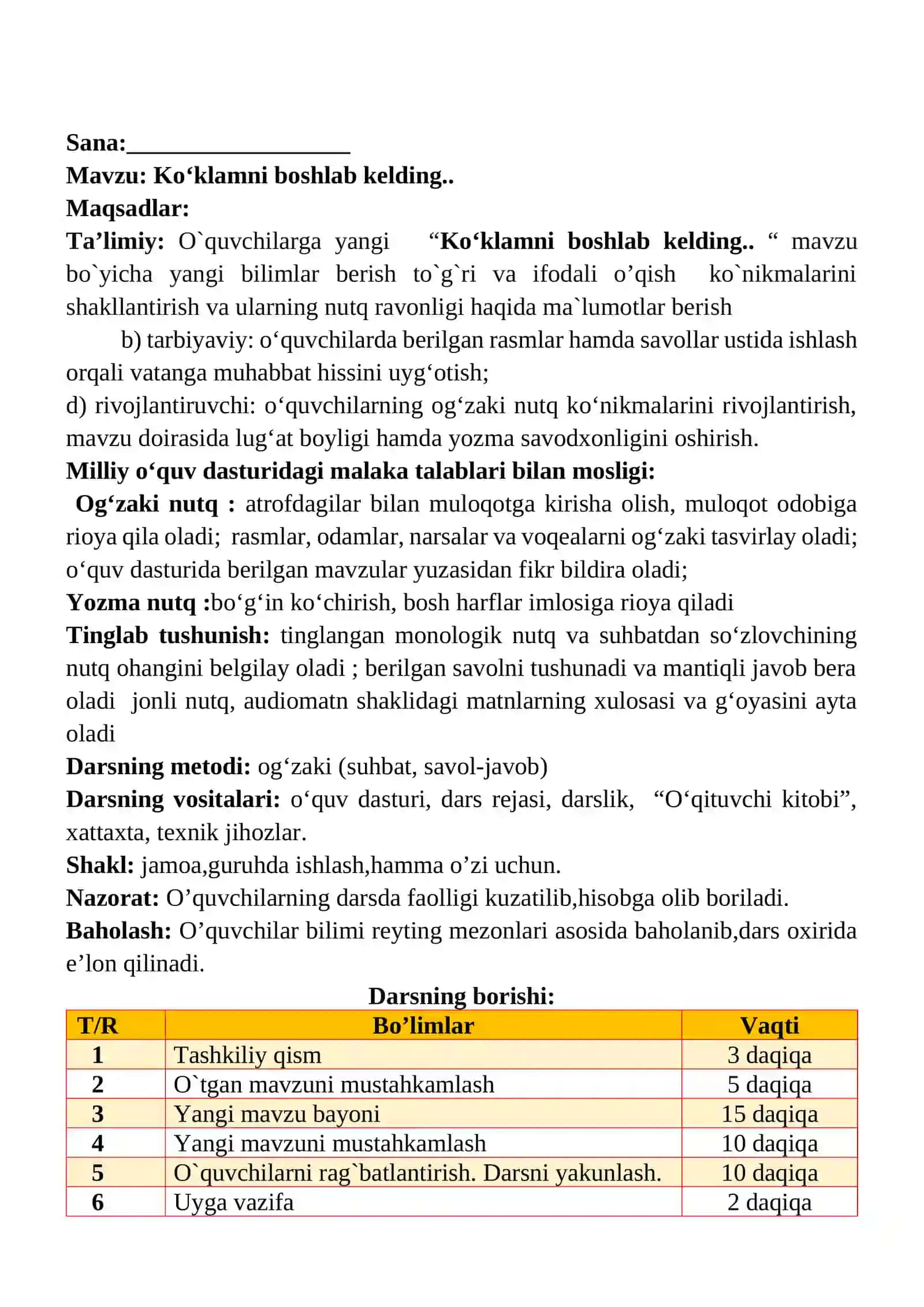 Ko‘klamni boshlab kelding 1-sinf o'qish savodxonligi dars ishlanmasi 2