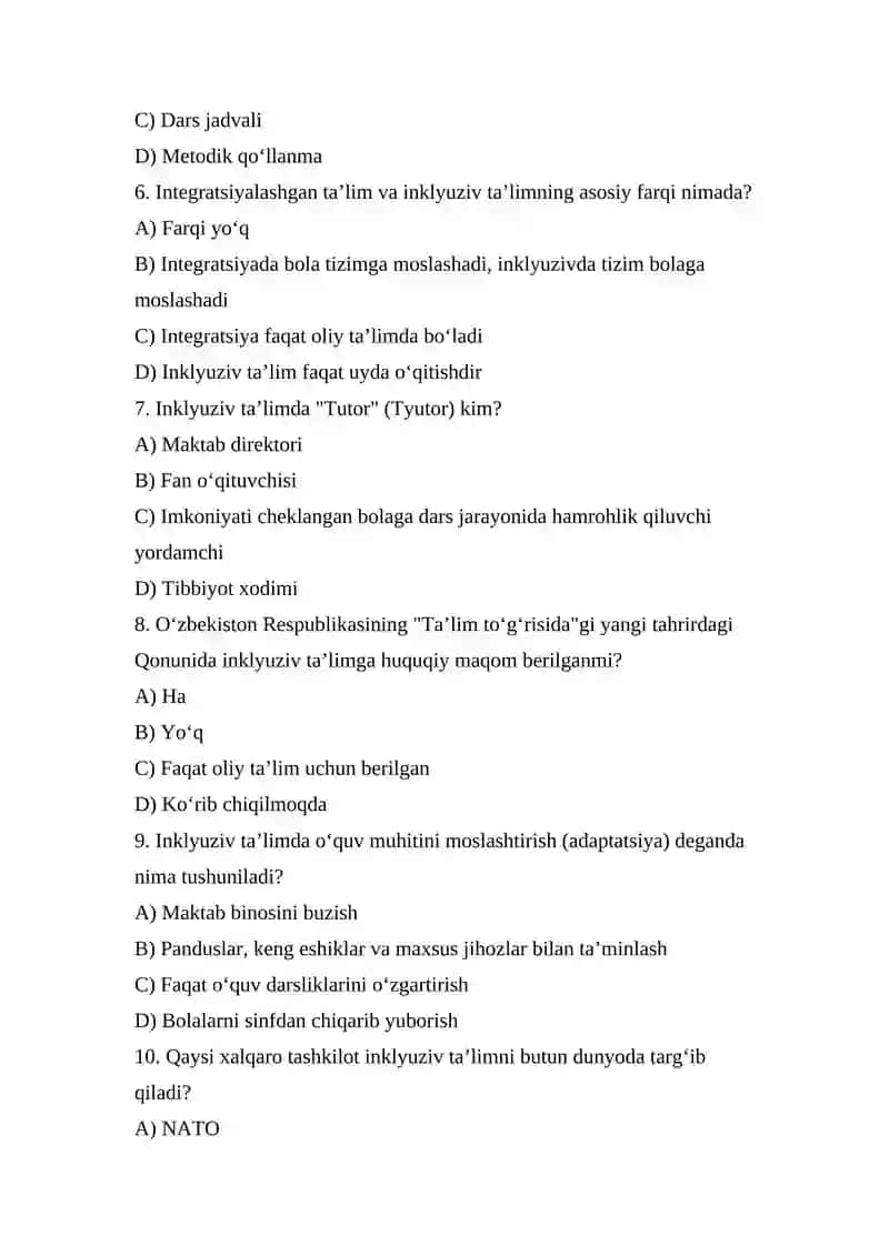 Inklyuziv ta’lim bo‘yicha test savollari       Inklyuziv ta’lim bo‘yicha test savollari 2