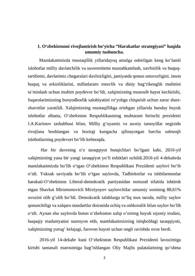 O‘zbekistonni rivojlantirish bo‘yicha “Harakatlar strategiyasi” 2