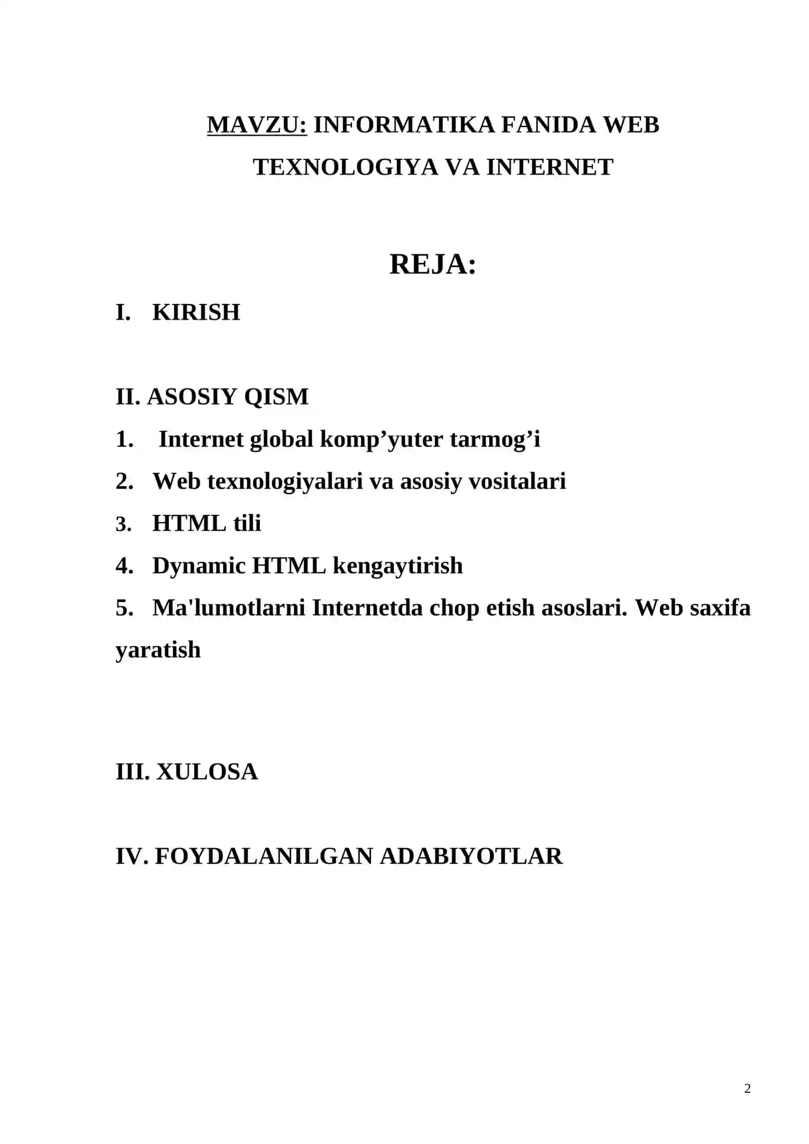 INFORMATIKA FANIDA WEB TEXNOLOGIYA VA INTERNET 2
