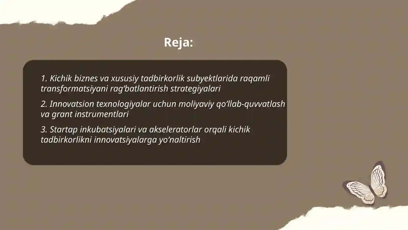 Kichik biznes va xususiy tadbirkorlik subyektlarigainnovatsiontexnologiyalarnitatbiqqilishniragʻbatlantirish 2