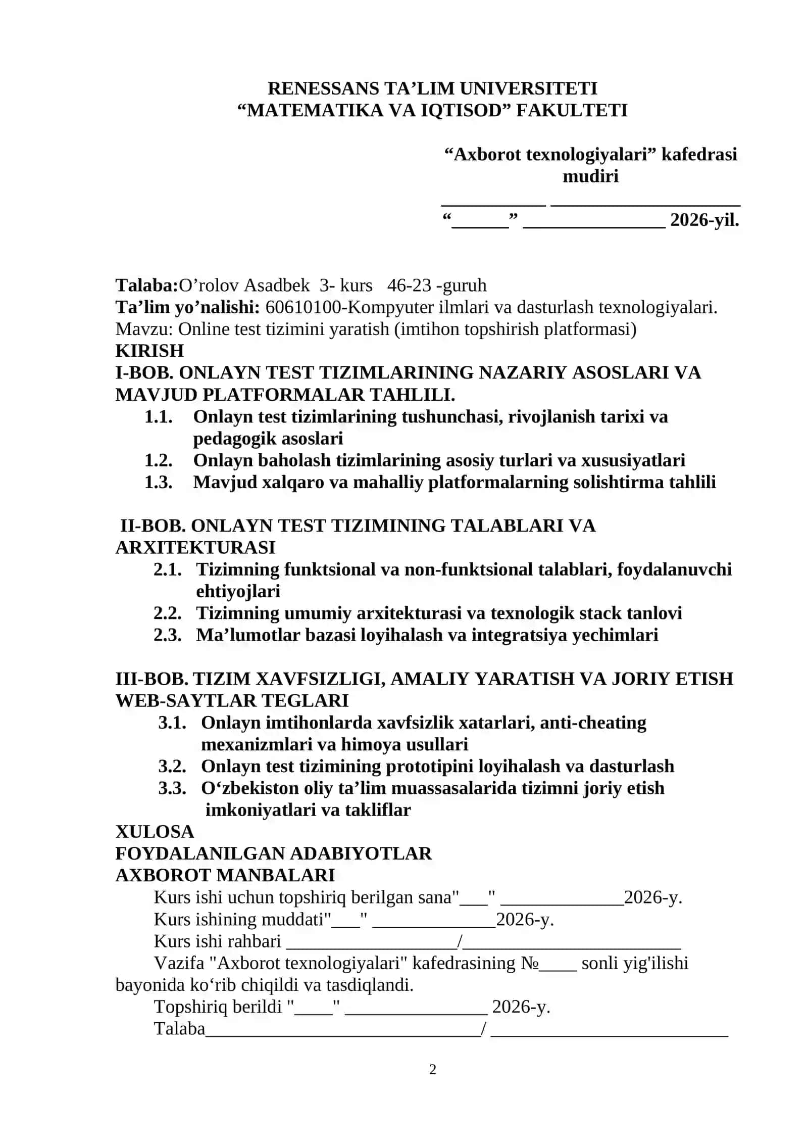 Online test tizimini yaratish (imtihon topshirish platformasi) 2
