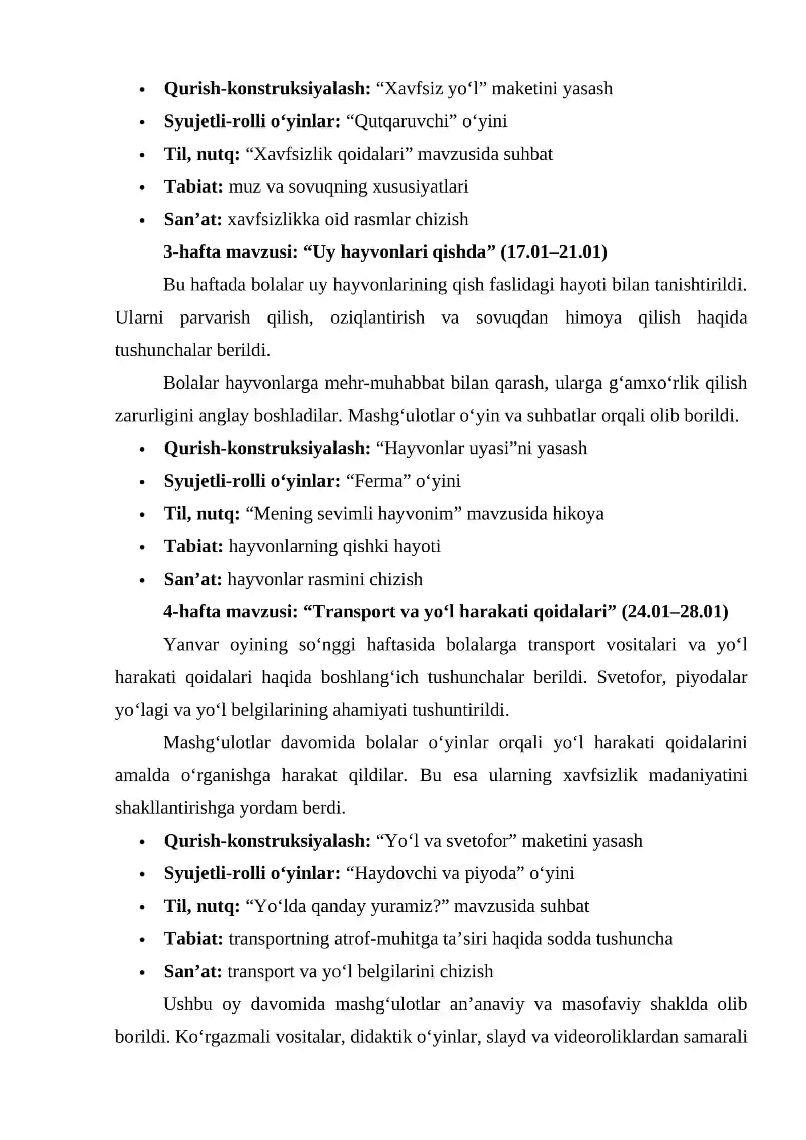 Maktabgacha ta'lim tarbiyachilari uchun Yanvar hisoboti 2
