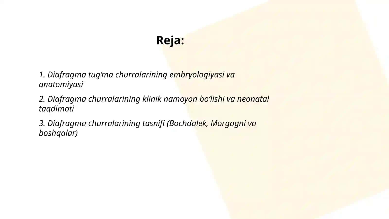 Bolalar xirurgiyasida Diafragma tug‘ma churralari.Me’da va 12-barmoqli ichak tug‘ma o‘tuvchanligini buzilishlari (ichak tizimini yuqori tug‘ma tutilishi). Ichak tizimini quyi tug‘ma tutilishi 2