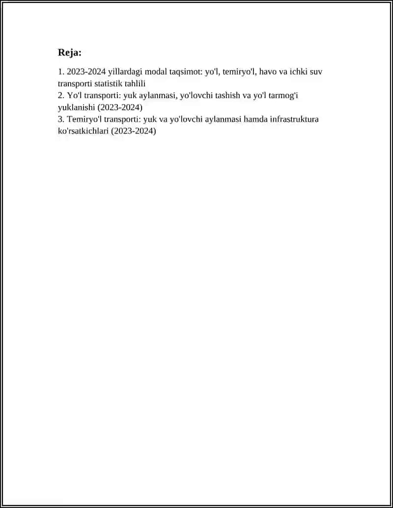 O'ZBEKISTON TRANSPORTINING 2023-2024 YILLARDAGI STATISTIK TAHLILI 2