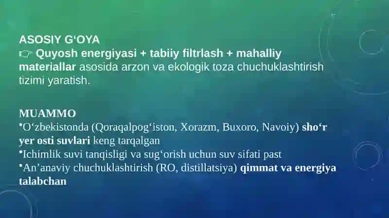 O'zberiston sharoiti sho'r suvlarni chuchuklashtirish 2