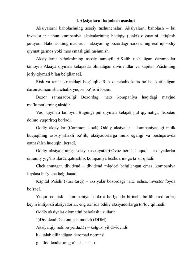 AKSIYALARNI BAHOLASH ASOSLARI.IMTIYOZLI VA ODDIY AKSIYALAR 2