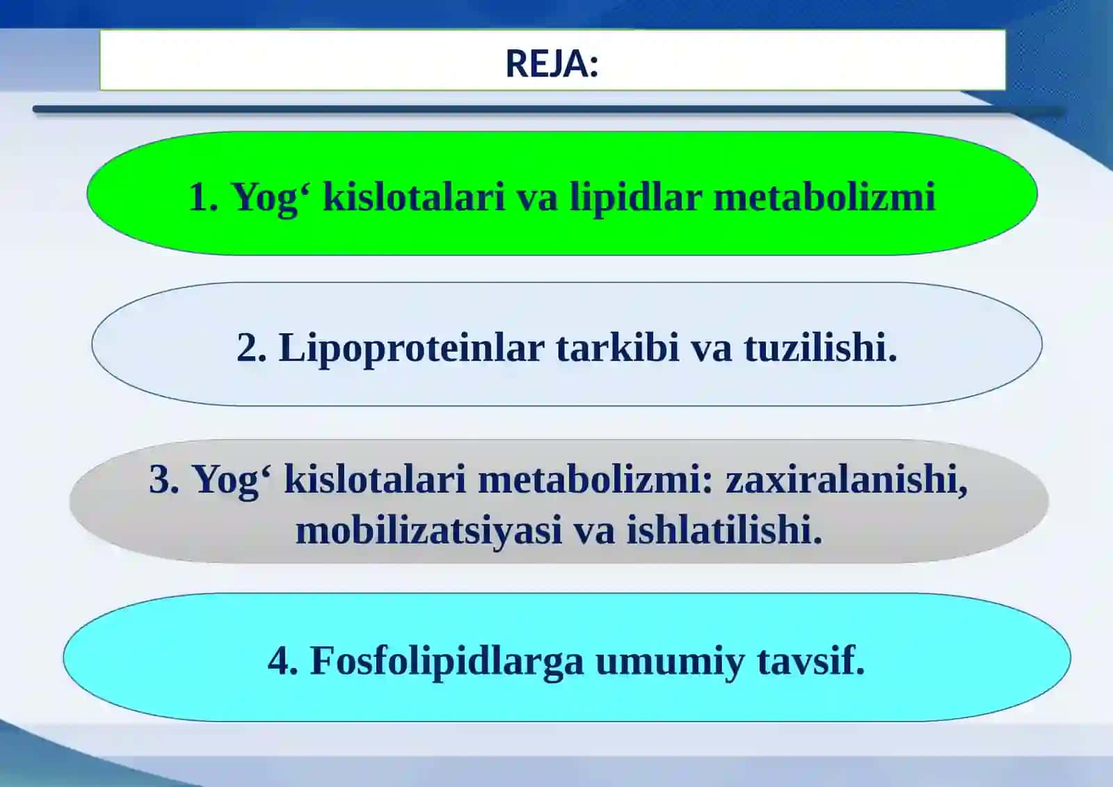 Lipidlarning tuzilishi va membranalar. Lipidlar funksiyasi va metabolizmi yog‘ kislotalar va triatsilgliserol sintezi. Yog‘ kislotalarining oksidlanishi. Keton tanachalar sintezi va utilizatsiyasi 2