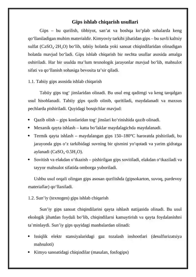 Gips ishlab chiqarish usullari va texnologiyasini o'rganish 2