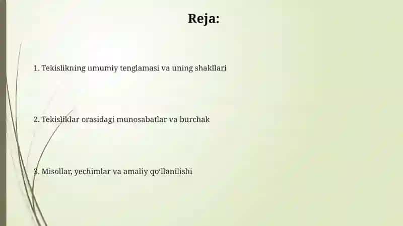 Tekislikning umumiy tenglamasi va uning kõrinishi 2