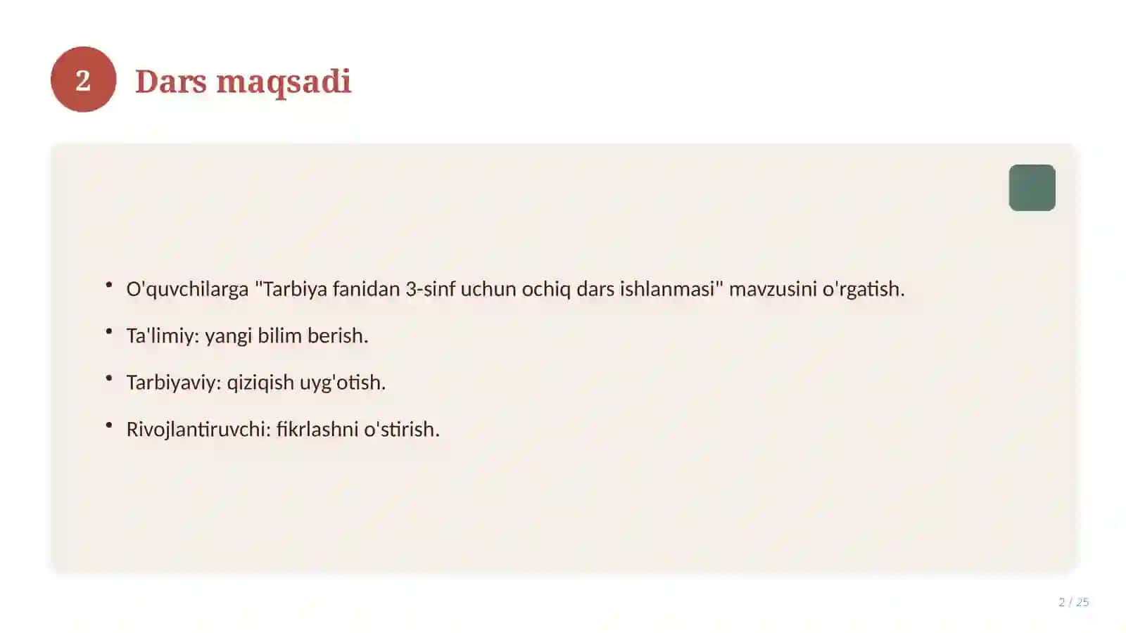Tarbiya fanidan 3-sinf uchun ochiq dars ishlanmasi 2