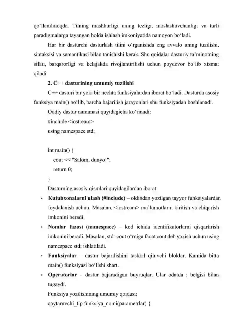 C++ TILI DASTURINING TUZILISHI VA SHAKLI. TIL SINTAKSISI. TIL SEMANTIKASI. HUJJATLASHGAN IDENTIFIKATORLAR. DASTURNI FORMATLASH 2
