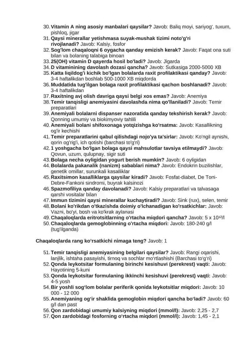 Umumiy pediatriya mutaxassisligi boʻyicha test savollari va javoblari 2