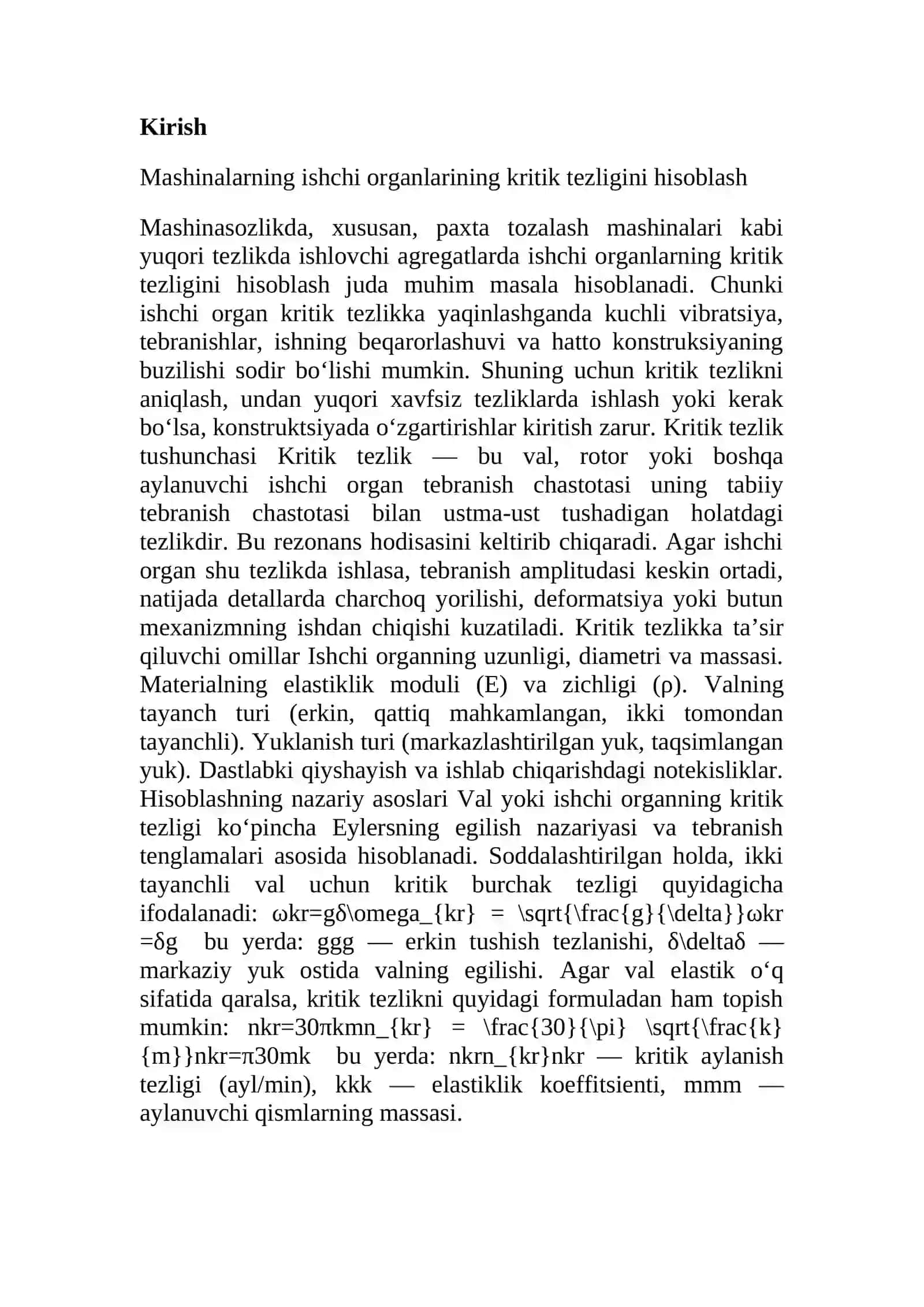 Mashinalarni ishchi organlarinining kritik tezligini hisoblash 2