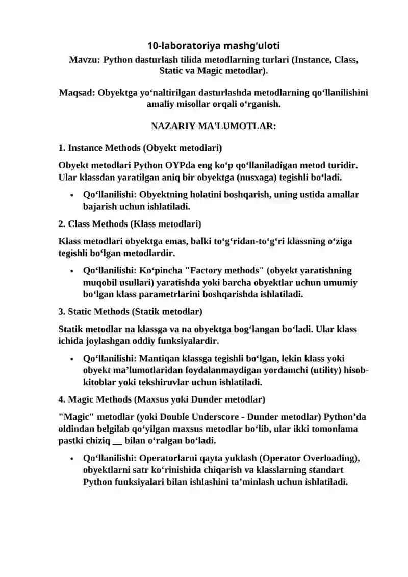 Obektga yo’naltirilgan dasturlash 2