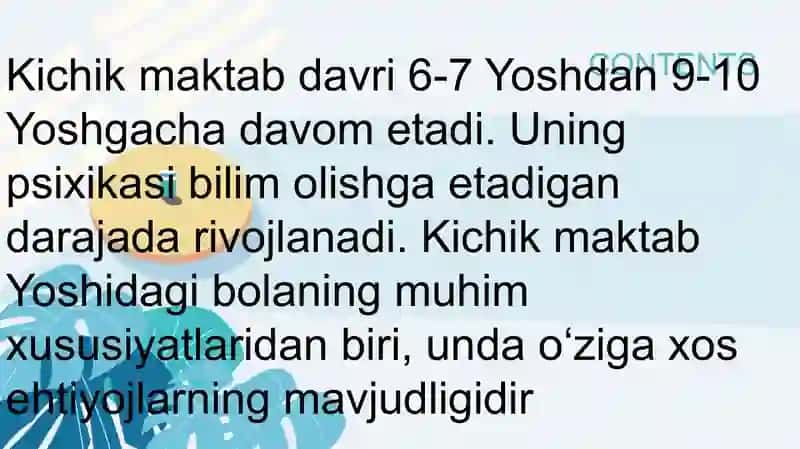 Kichik maktab yosh davrida psixik rivojlanish xususiyatlari.Taqdimot 2
