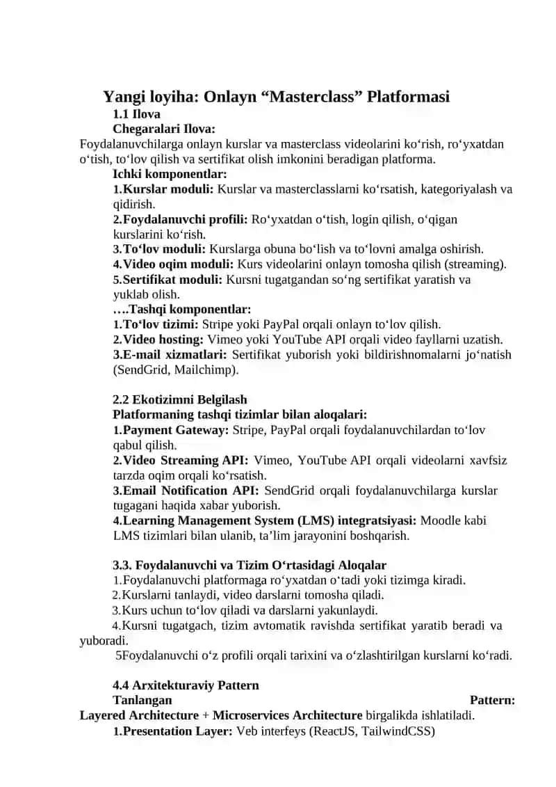 Yangi loyiha: Onlayn “Masterclass” Platformasi 2