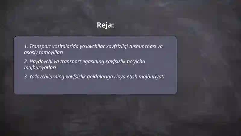 Transport vositalarida yo‘lovchilar xavfsizligi tushunchasi va asosiy tamoyillari 2