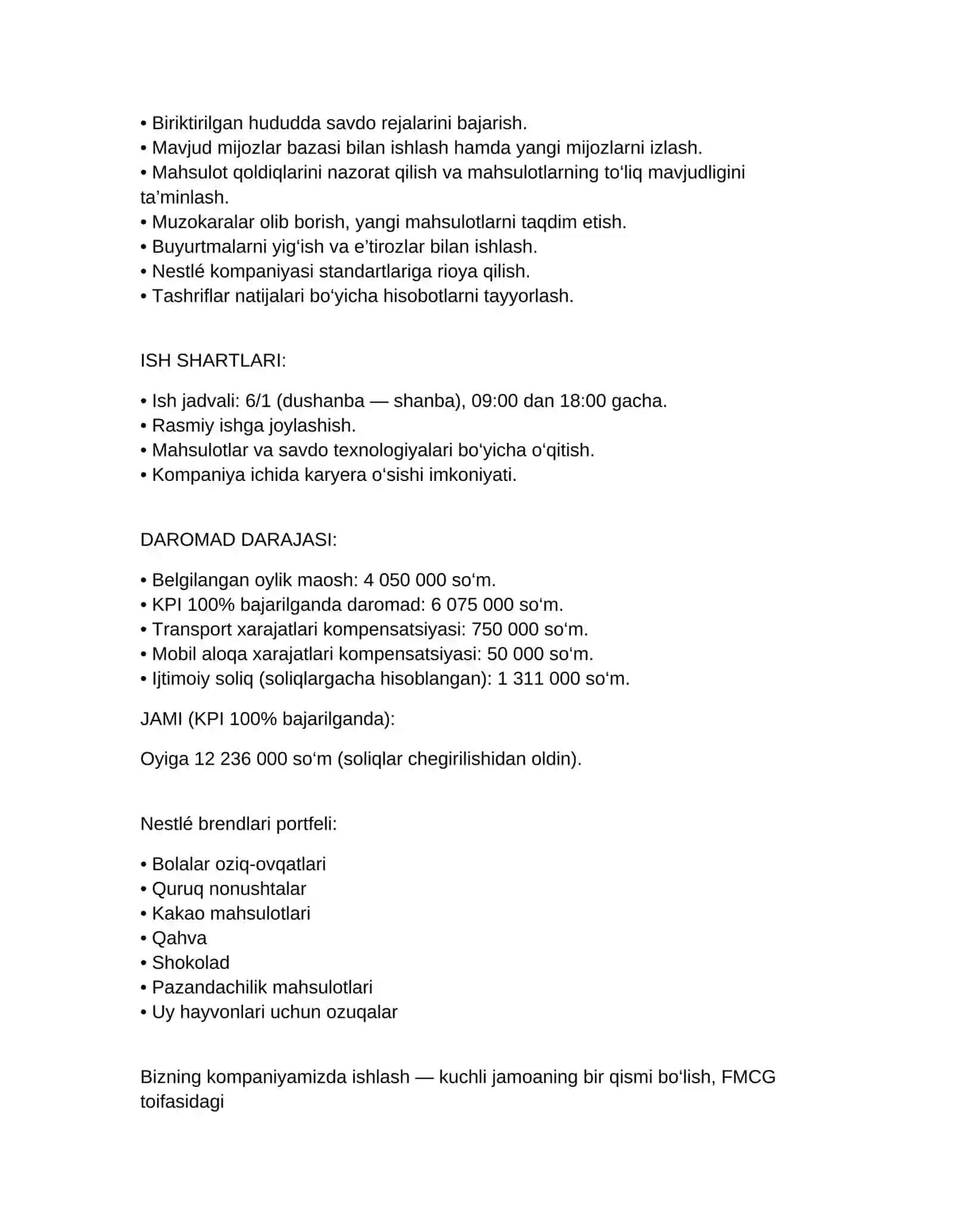 Savdo vakili uchun job offer(ishga taklif) o'zbek tilida 2