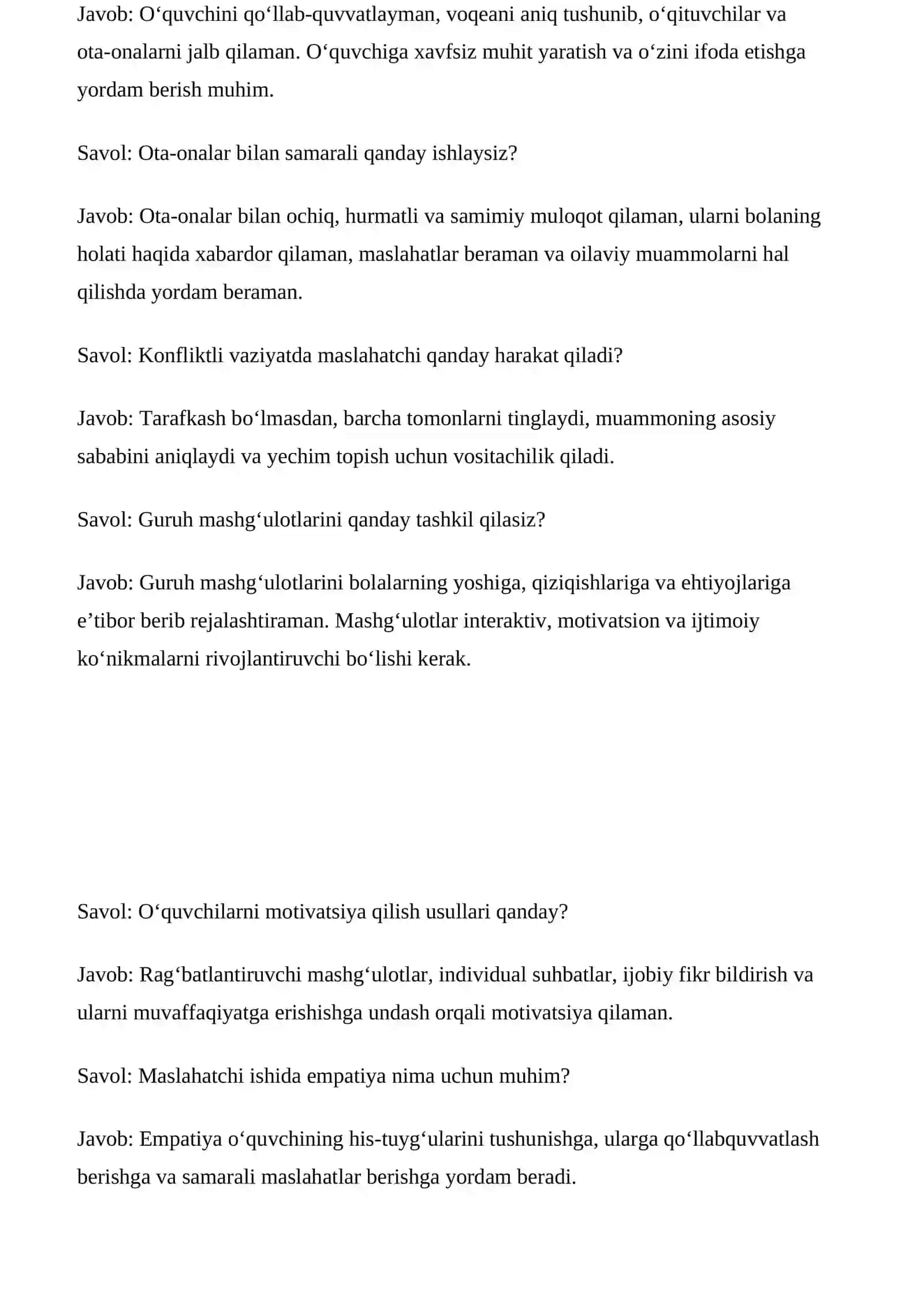 Maktab maslaxatchiligi savol javob 2