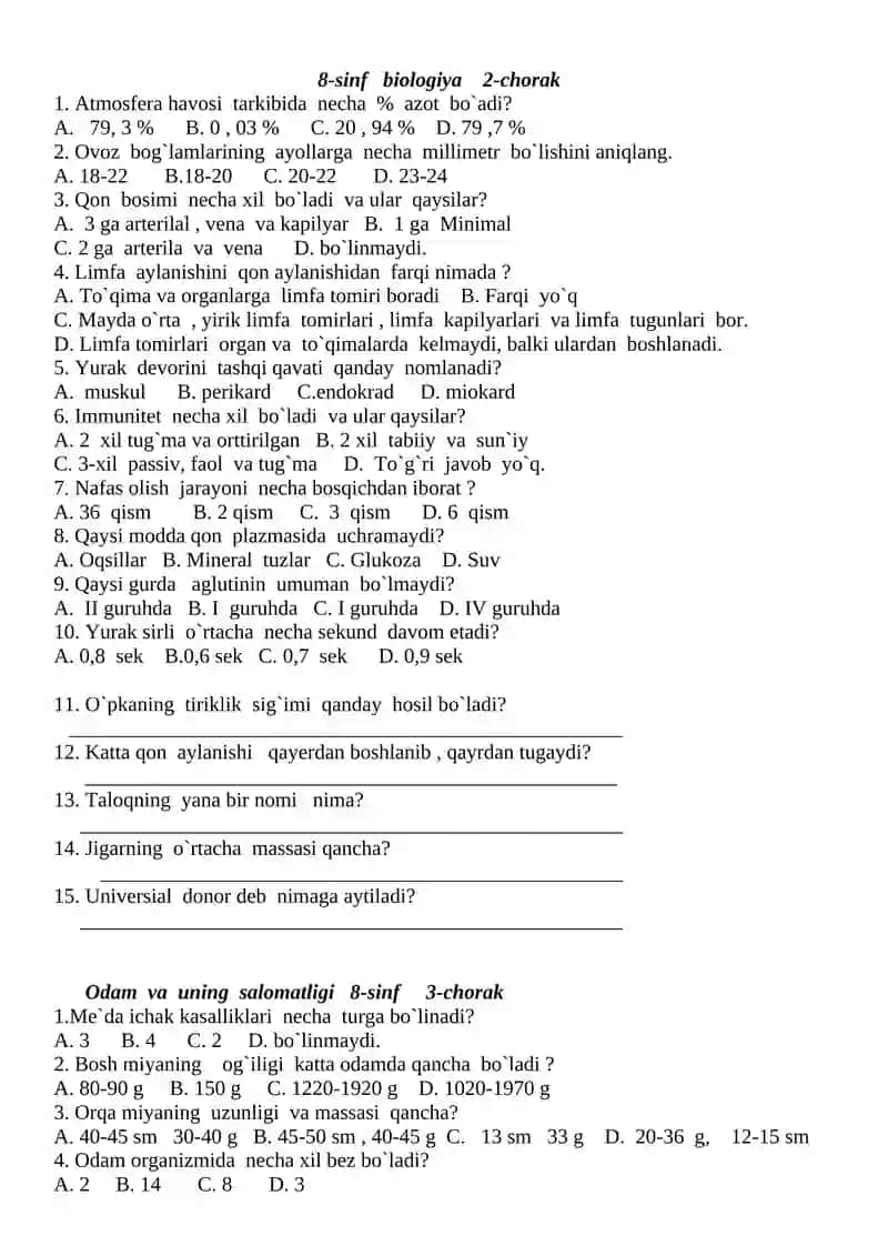 Odam va uning salomatligi 8-sinf 2
