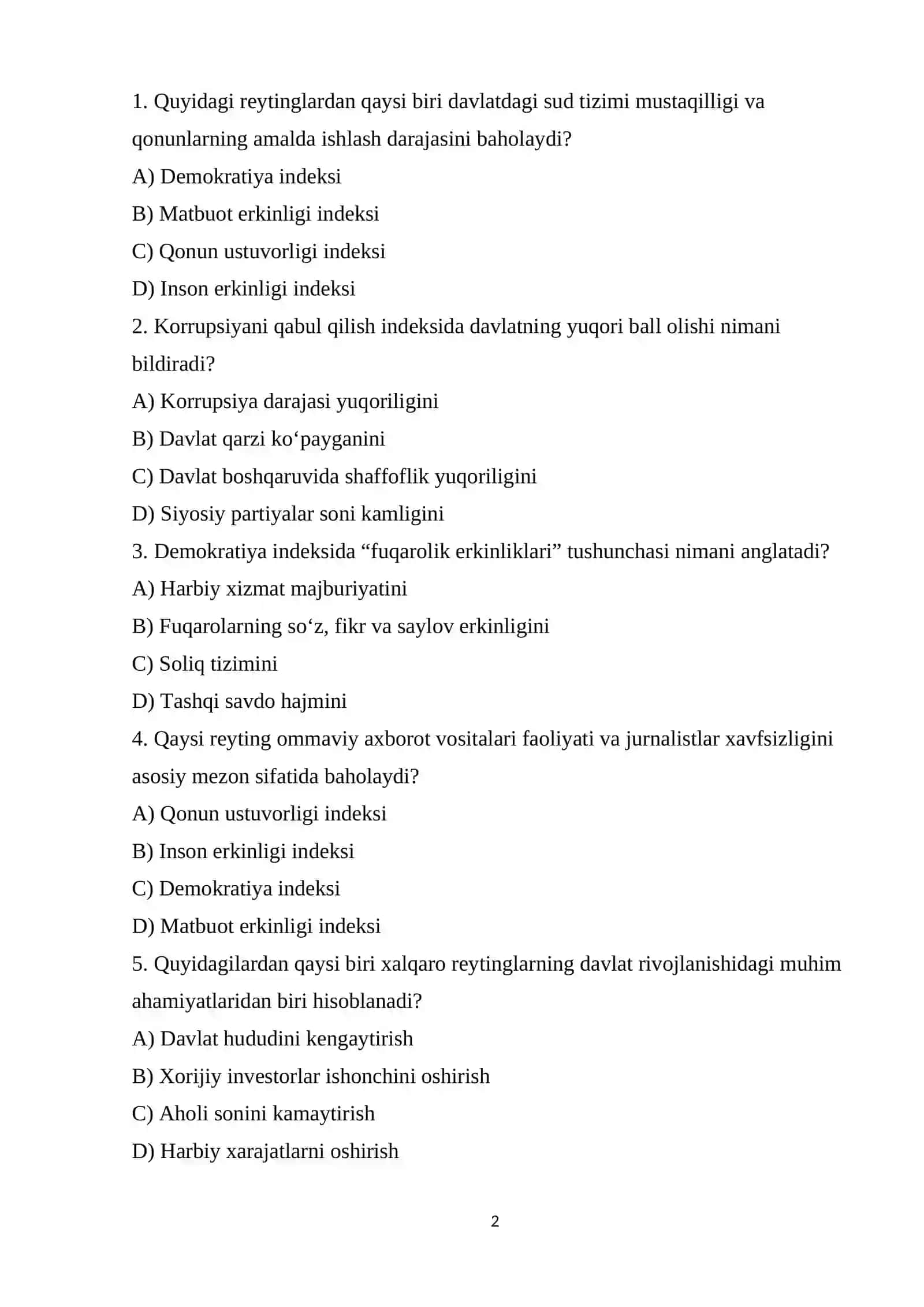Siyosiy huquqiy sohadagi ustuvor xalqaro reytinglar test 2