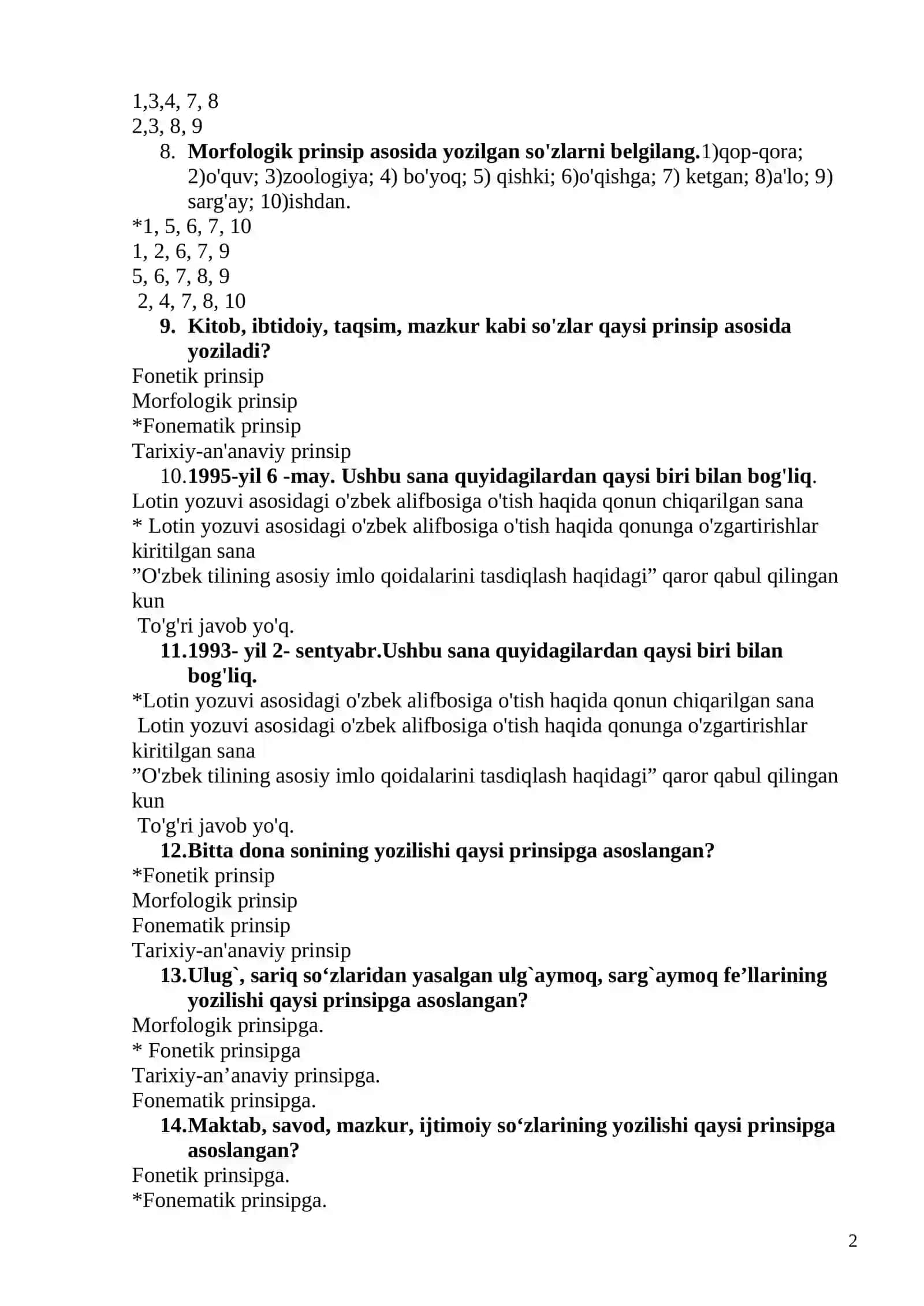 Oʻzbek tili praktikumi fanidan test savollari 2