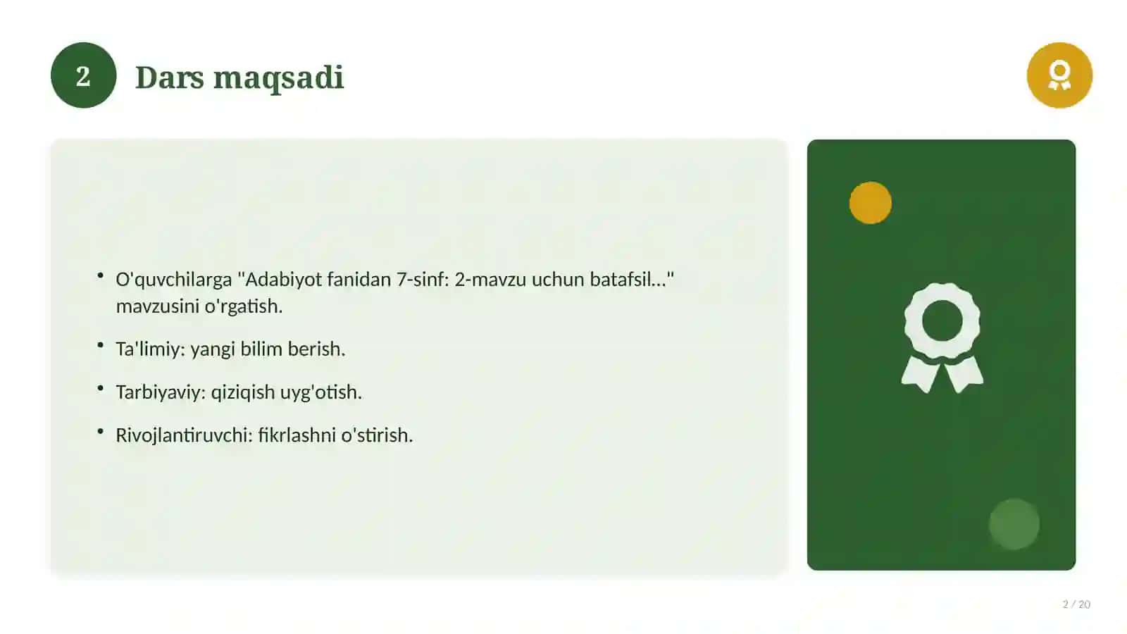 Adabiyot fanidan 7-sinf: 2-mavzu uchun batafsil dars ishlanmasi 2