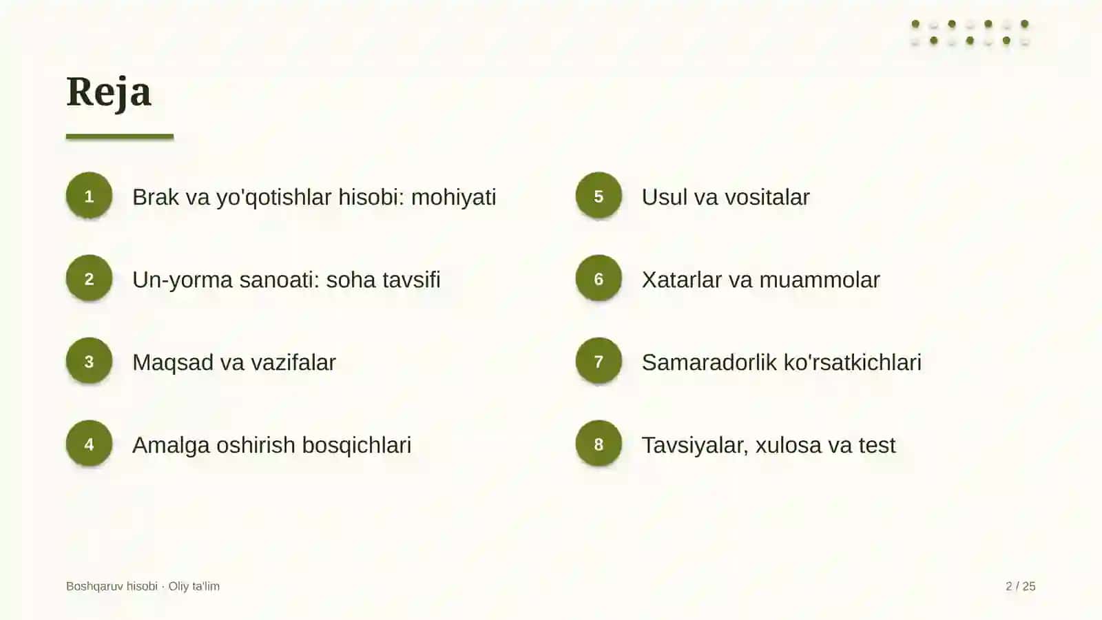 un yorma sanoatida yo'qotish va brakdan zararlarni hisobga olish 9690 2