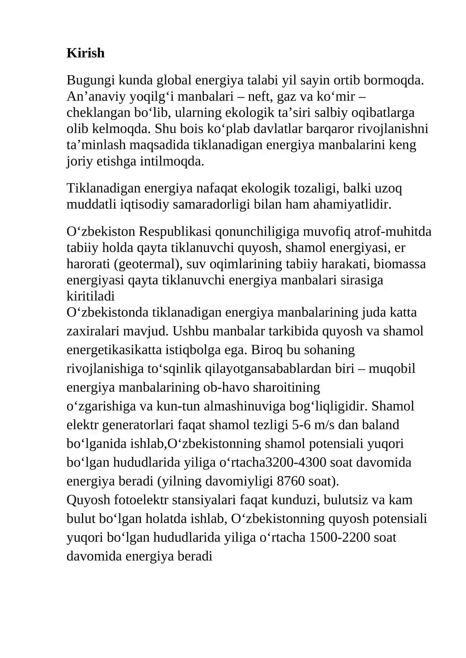 Tiklanadigan energiya manbalarini o’zlashtirish istiqbollari 2