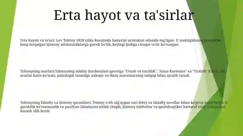Tolstoy Tomonidan Yaratilgan Asarlar Haqida 2