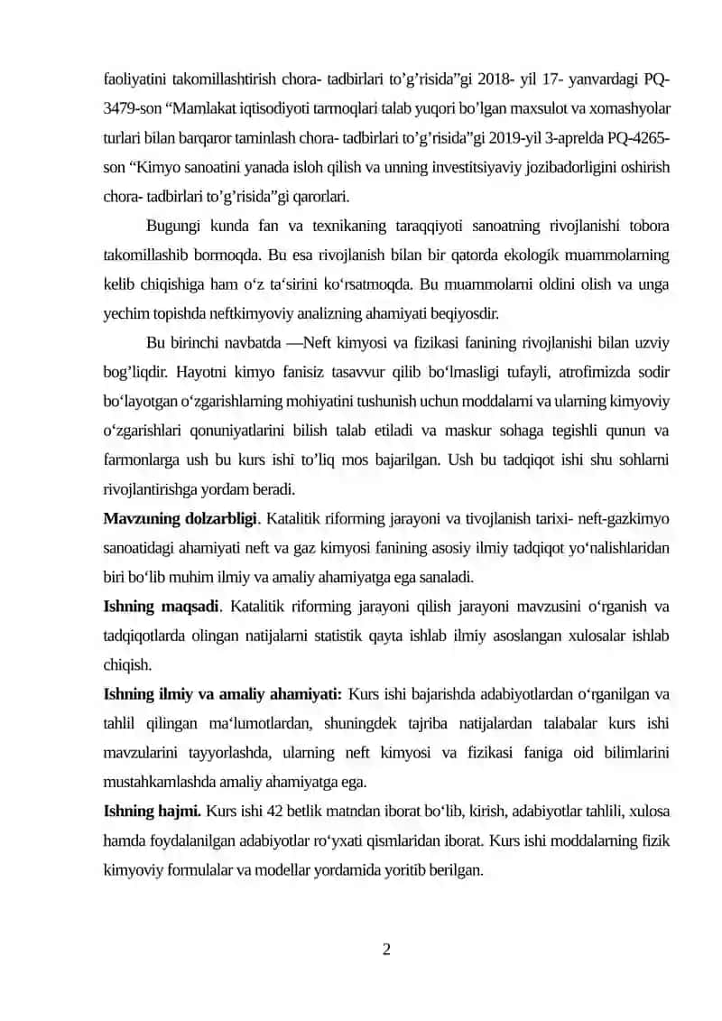 Katalitik riforming jarayoni va rivojlanish tarixidan kurs ishi 2