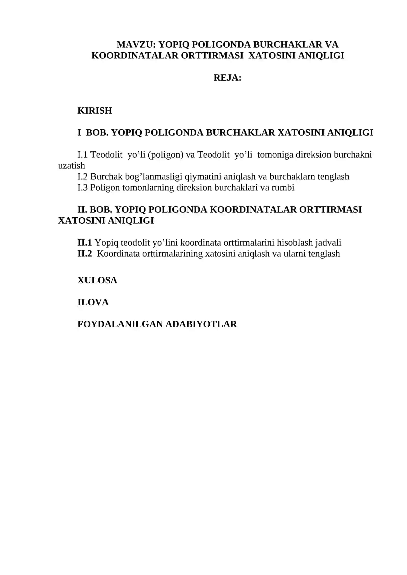 Yopiq poligonda burchaklar va koordinatalar orrtirmasi xatosini aniqlash 2