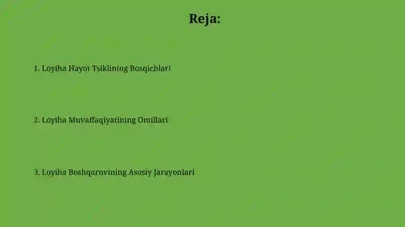 Loyihani boshqarish hayotiy sikli (Project Life Cycle) 2