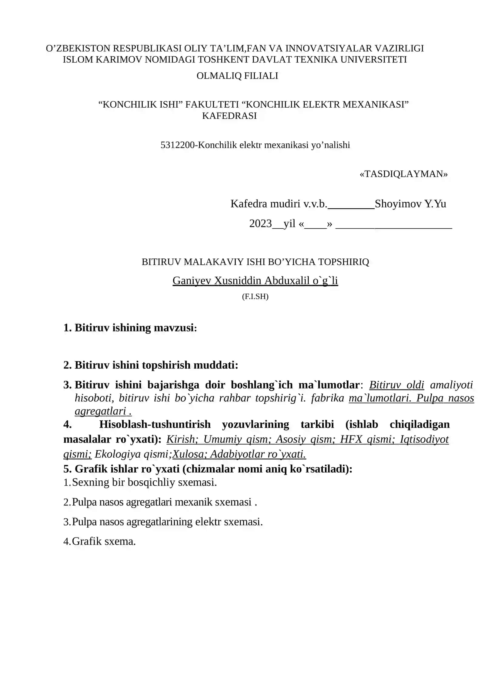 5312200 - «Konchilik elektr mexanikasi» yo`nalishi BITIRUV MALAKAVIY ISHI 2