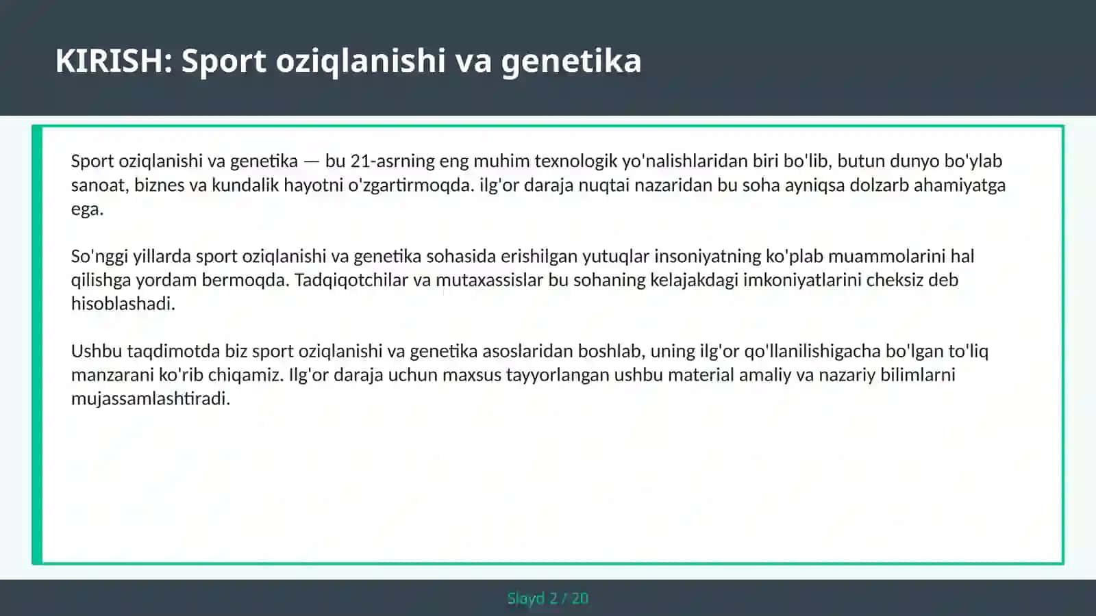 SPORT OZIQLANISHI VA GENETIKA 2
