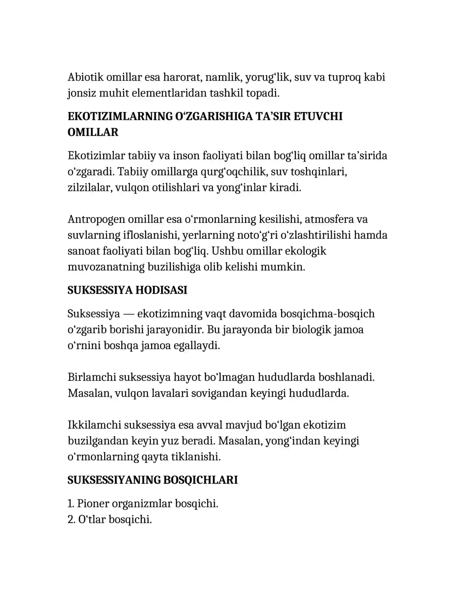 EKOTIZIMLARNING O‘ZGARISHI. SUKSESSIYA HODISASI 2