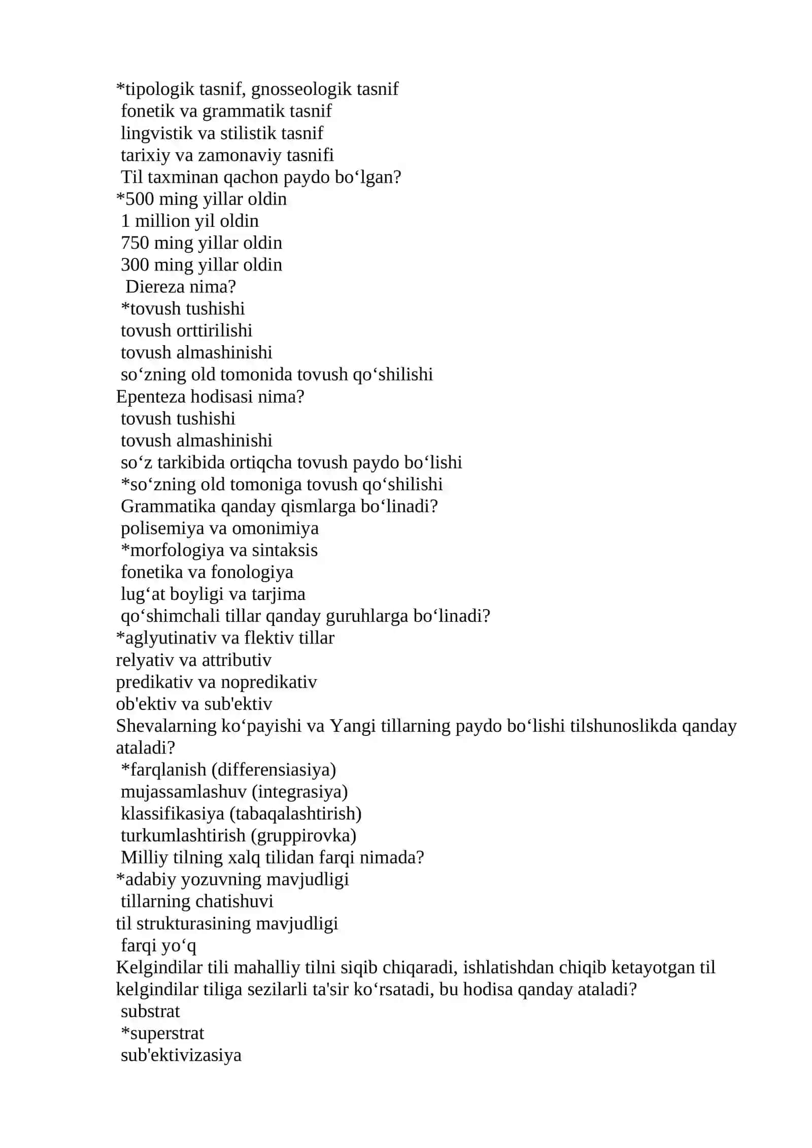 «Tilshunoslik asoslari» fanidan test savollari 2