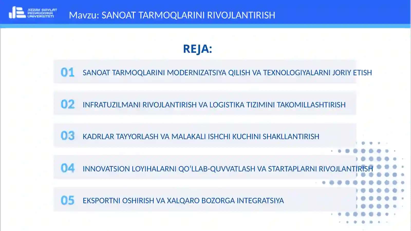 SANOAT TARMOQLARINI RIVOJLANTIRISH 2