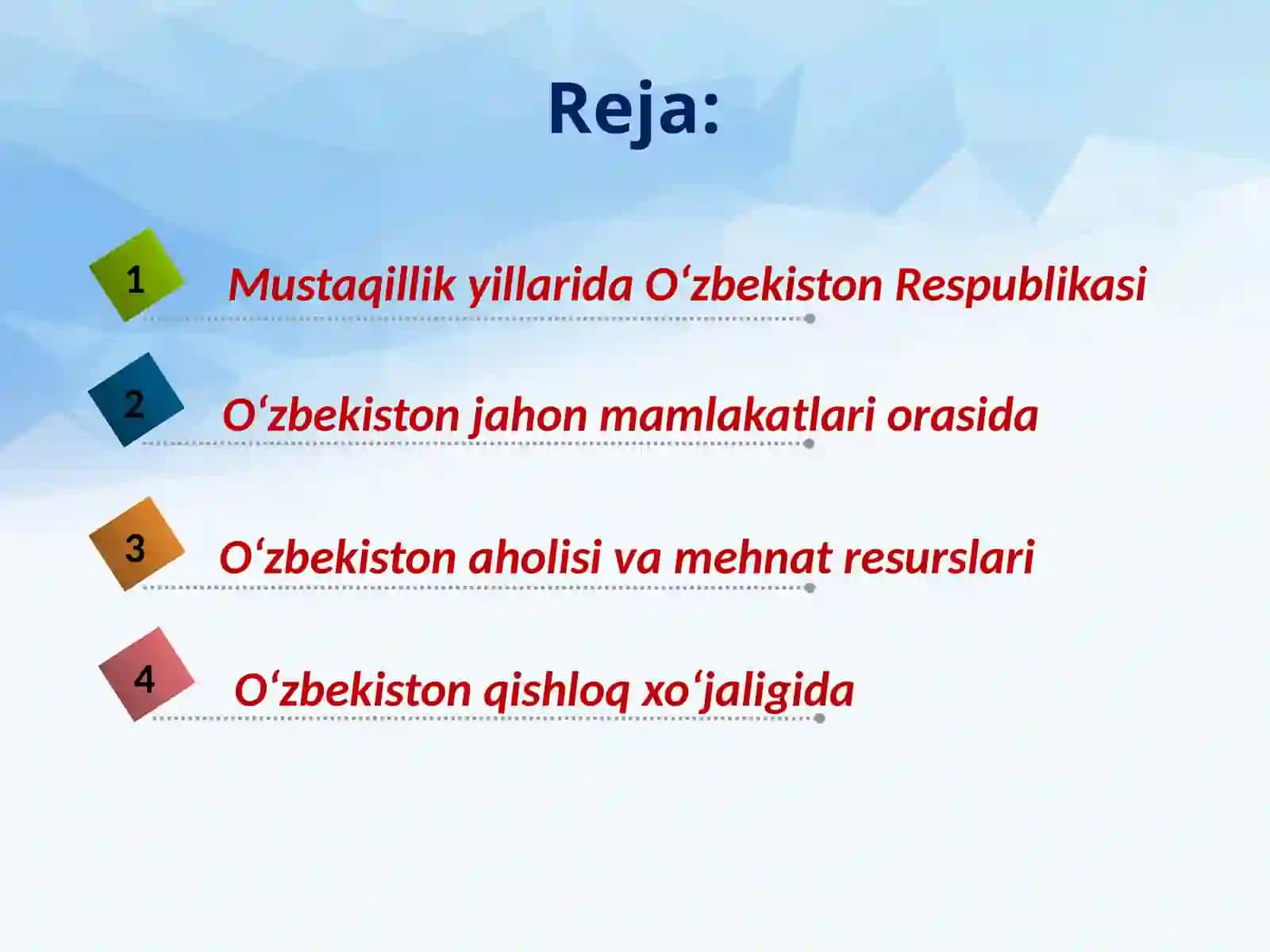 O‘zbekistonning ijtimoiy-iqtisodiy rivojlanishi 2