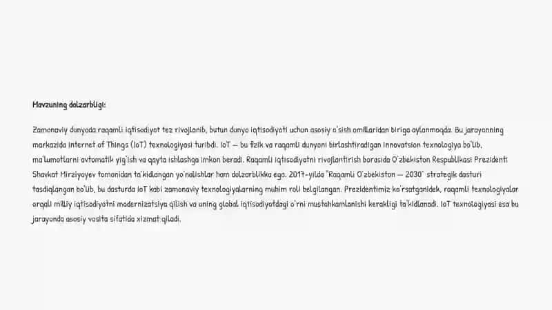 RAQAMLI IQTISODIYOTDA IOT QURILMALARINING ISHLATILISHI VA ULAR ORQALI MA'LUMOTLAR YIG'ISHNING IQTISODIY NATIJALARI 2