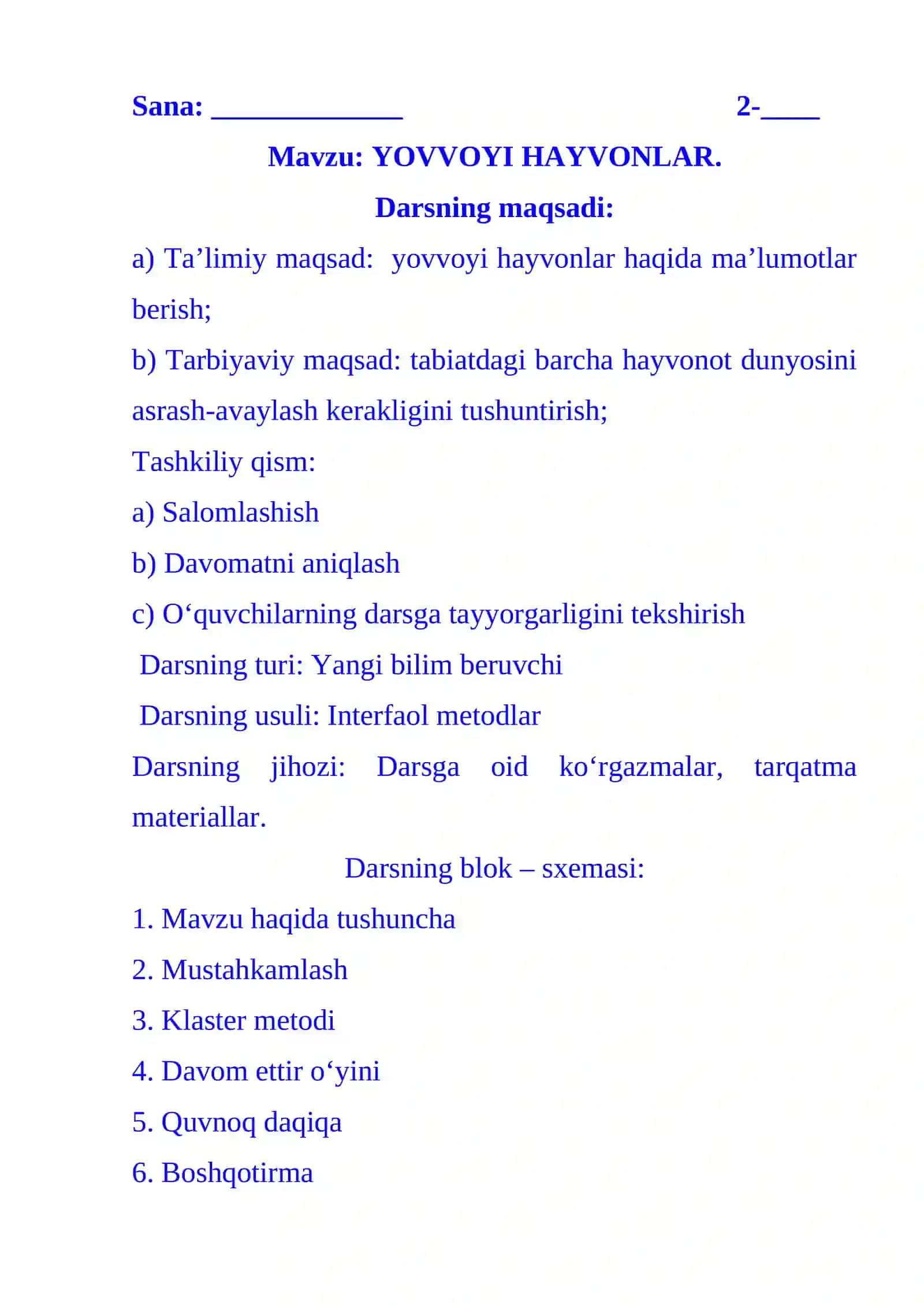 2-sinf Tabiiy fan YOVVOYI HAYVONLAR dars ishlanma 2-chorak 2