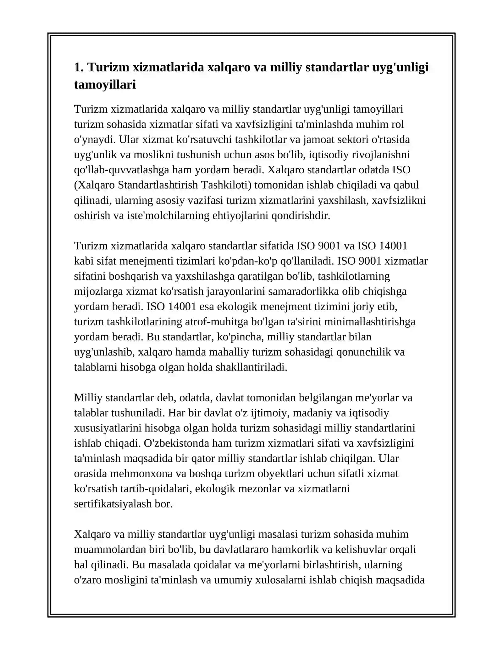 XALQARO VA MILLIY STANDARTLAR UYG'UNLIGI. TURIZM XIZMATLARIDA MUVOFIQLIK MASALALATI 2