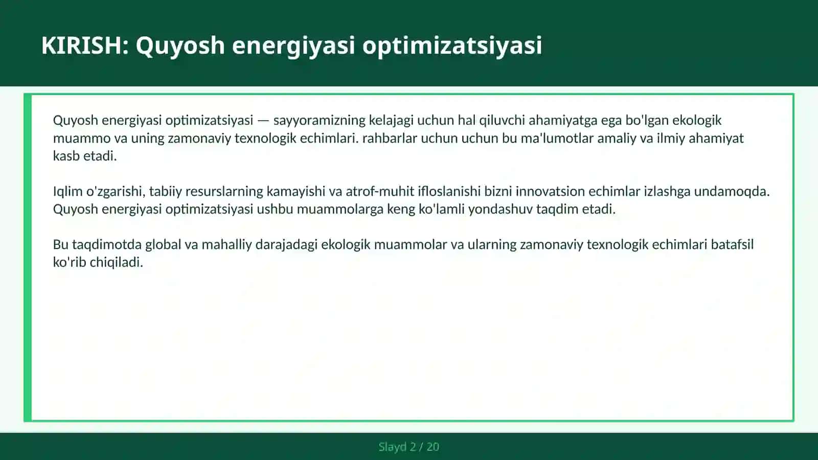 Quyosh energiyasi optimizatsiyasi 2