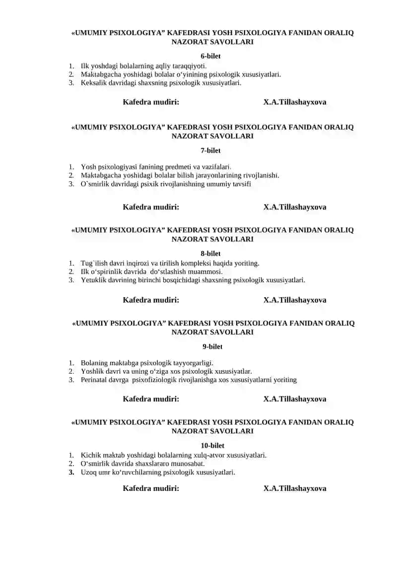 UMUMIY PSIXOLOGIYA” KAFEDRASI YOSH PSIXOLOGIYA FANIDAN ORALIQ NAZORAT SAVOLLARI 2