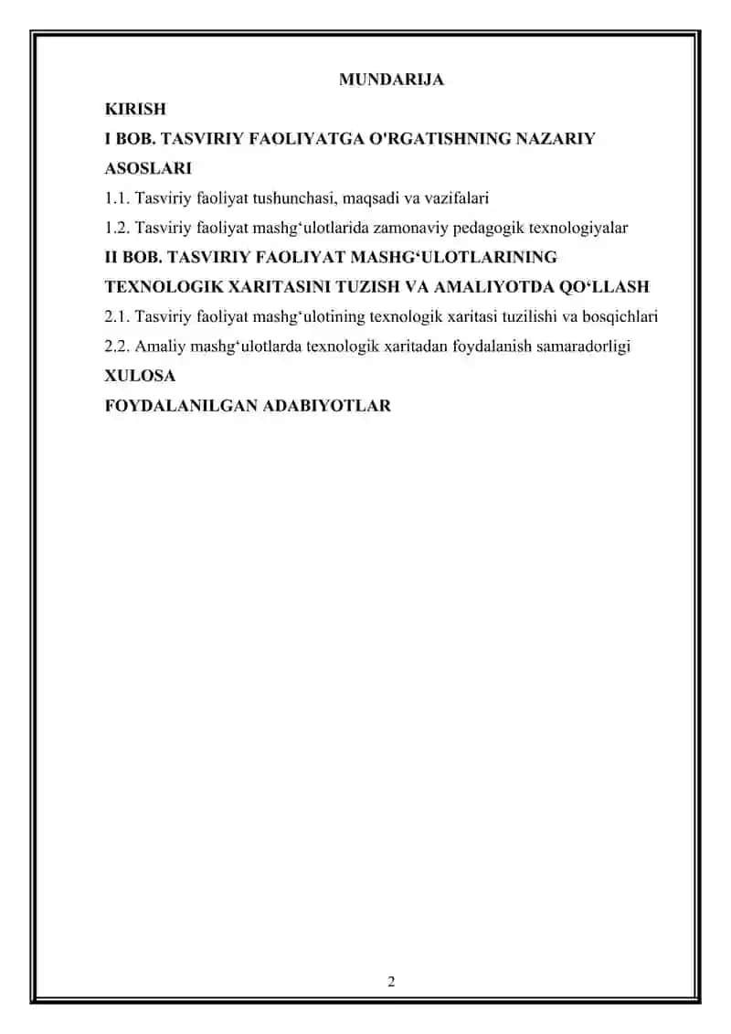 Tasviriy faoliyat mashg'ulotlarining texnologik xaritasi 2
