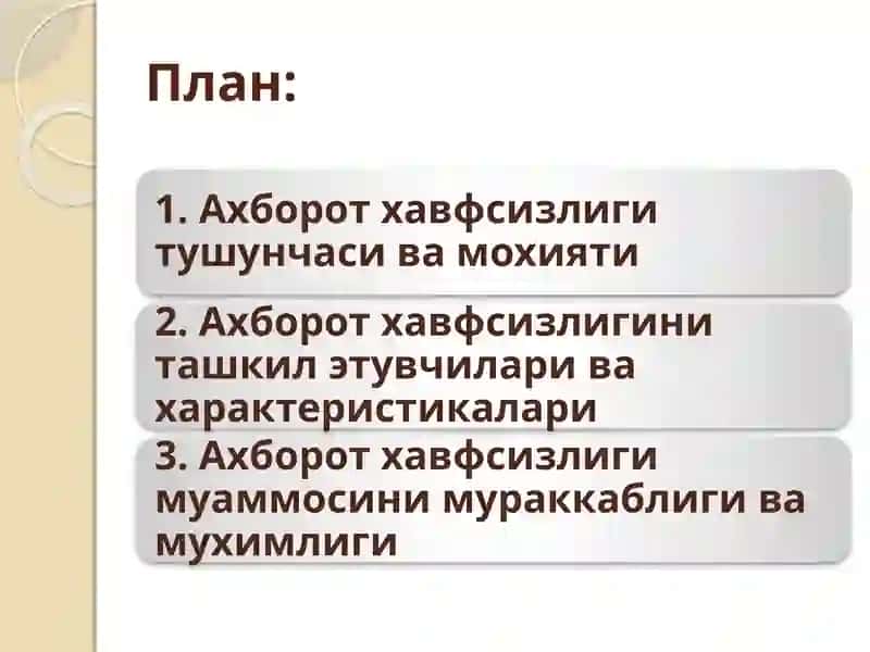 Ахборот хавфсизлиги назарий ва ҳуқуқий асослари фанининг тушунчаси ва вазифалари. 2
