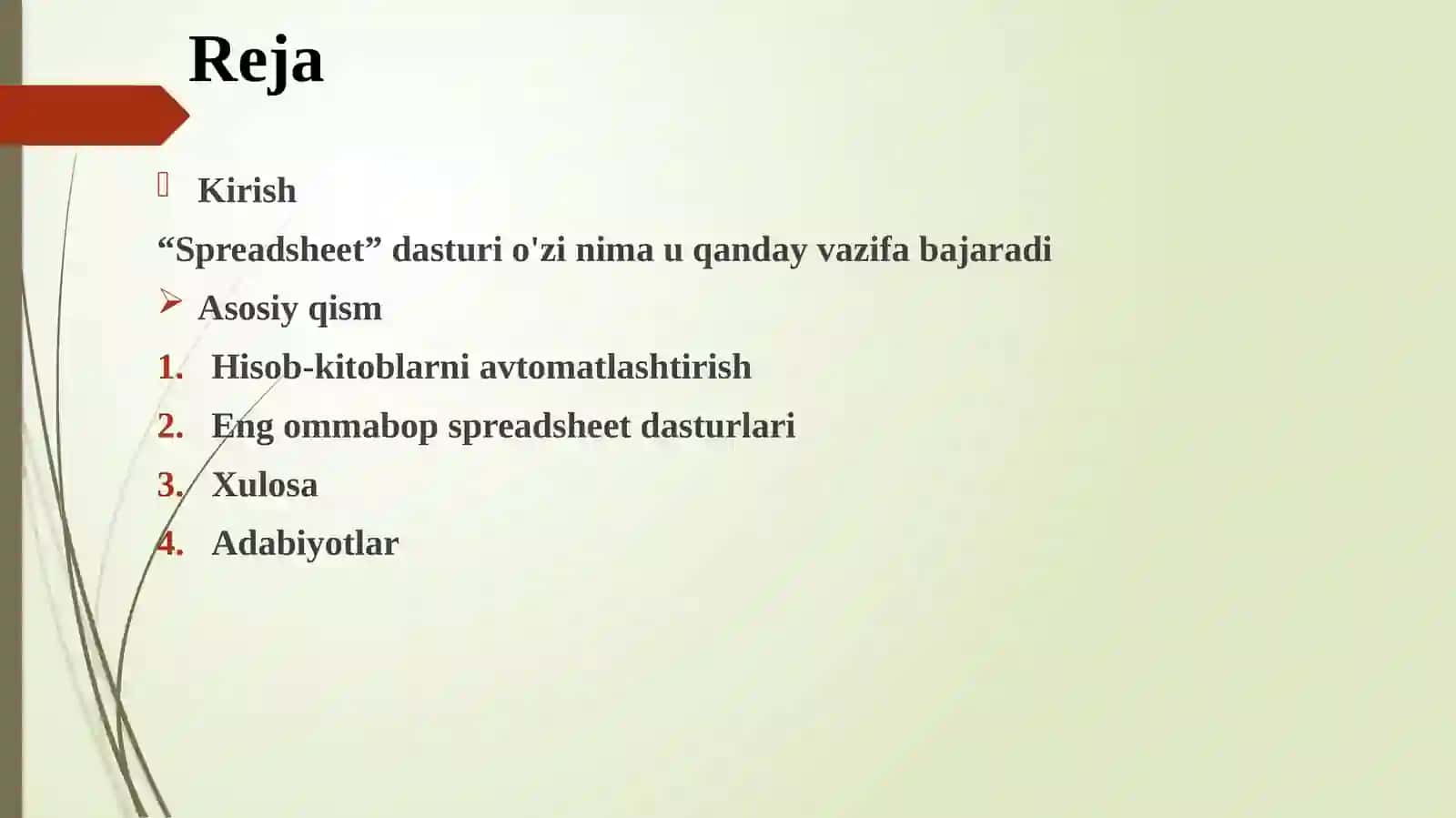 "Spreadsheet" dasturiy ta’minoti funksiyalari mavzusidagi taqdimot ishi 2