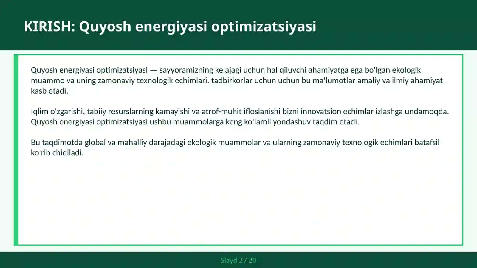 Quyosh energetikasi optimizatsiyasi 2