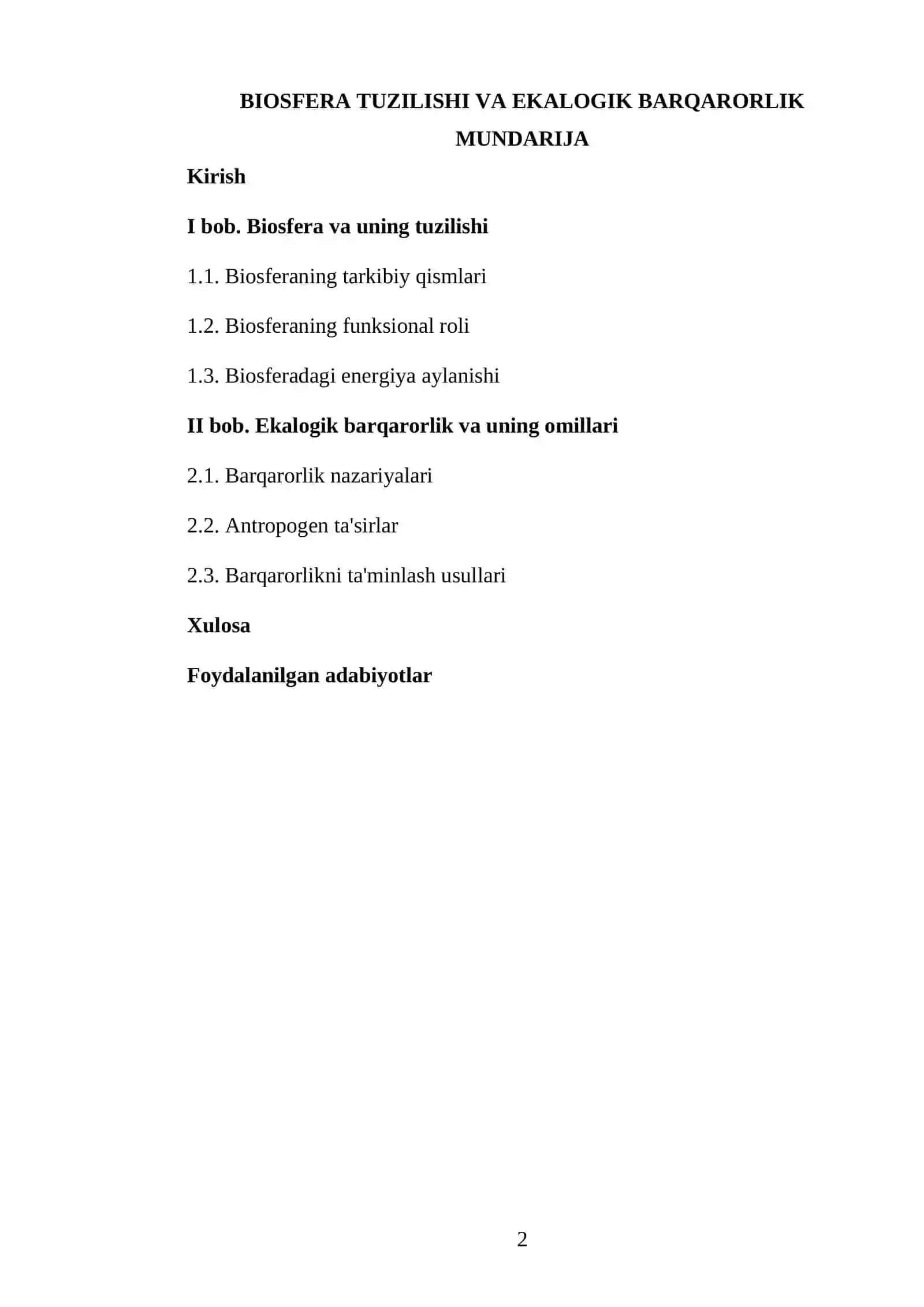 BIOSFERA TUZILISHI VA EKALOGIK BARQARORLIK 2